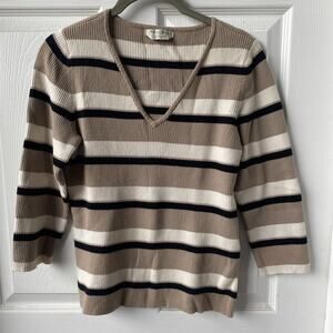 Casual Corner Sweater Womens Small Beige And Blue Striped Pullover Sz 1